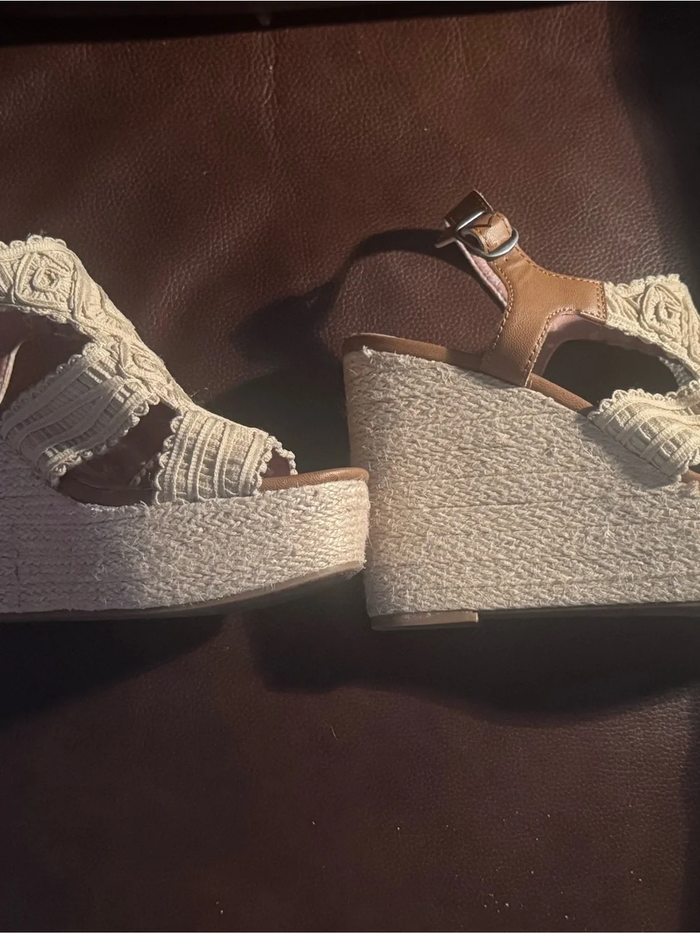 Lucky Brand Size 9.5/41 Cream Macramé Espadrille Wedge Sandals Boho
